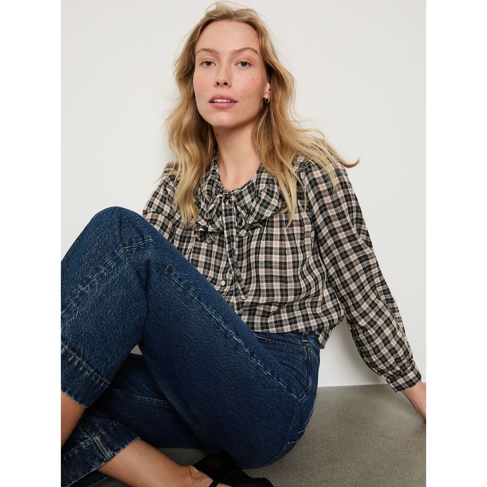 Doen Joelle Top NAVY COUNTRYSIDE PLAID size M - Picture 2 of 14